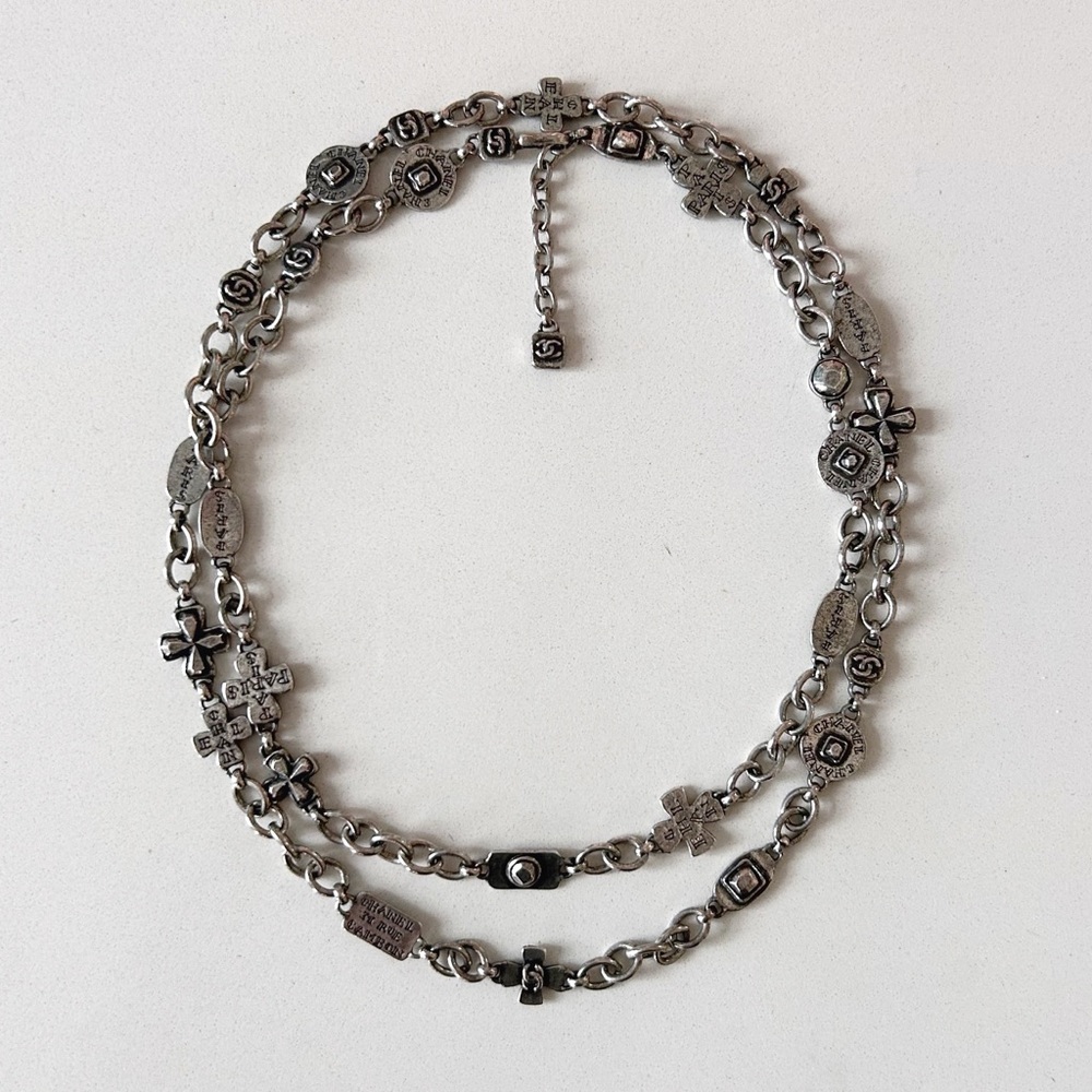 CHANEL Silver-Tone Double Strand Charm Necklace